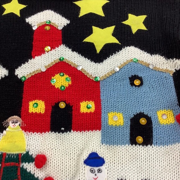 Vintage Ugly Christmas Sweater Womens L Large Black Red Knit Village Adell Barre - Picture 12 of 16